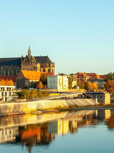 Blick vom Rhein auf Magdeburg mit dem Dom St. Mauritius und Katharina und Vordergrund, Deutschland.